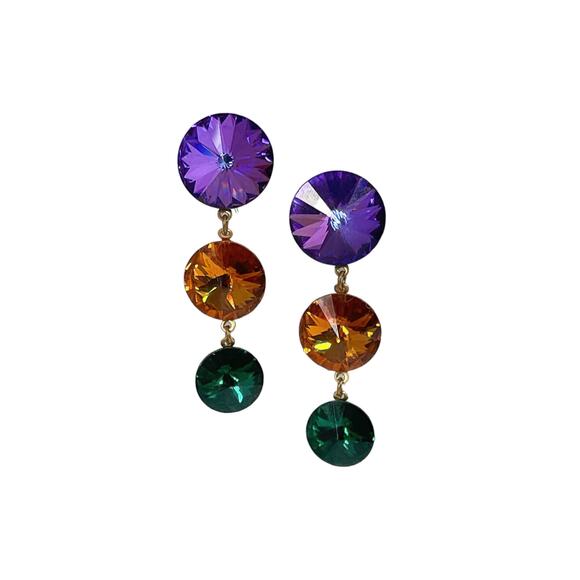 1990s Gold Plate Purple Orange Green Rivoli Rhinestone Dangle Pierced Earrings - Picture 3 of 3